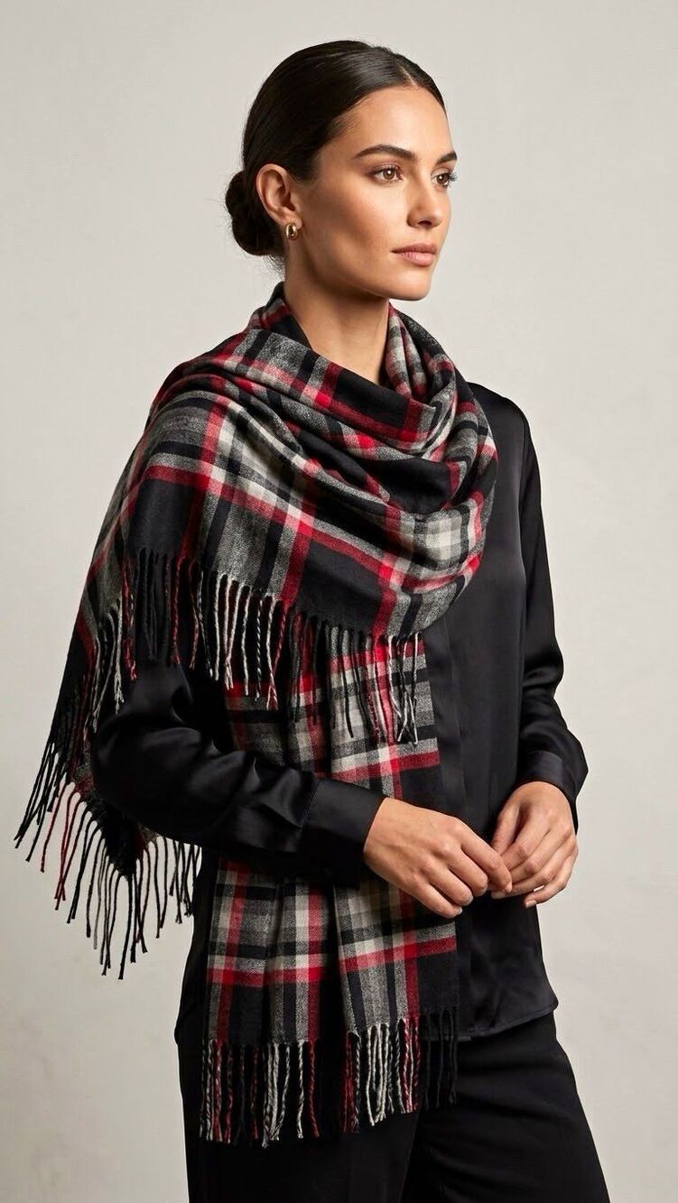 Women’s Black/Gray/Red/White Plaid Fringe Rectangle Scarf Woven Viscose/Acrylic